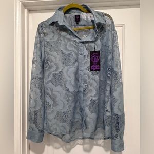 Twisted Tailor Hayek skinny fit blue floral lace shirt